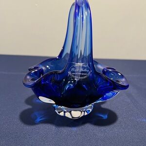 Vintage Blue Glass Art Basket by Royal Gallery made in the Czech Republic.
